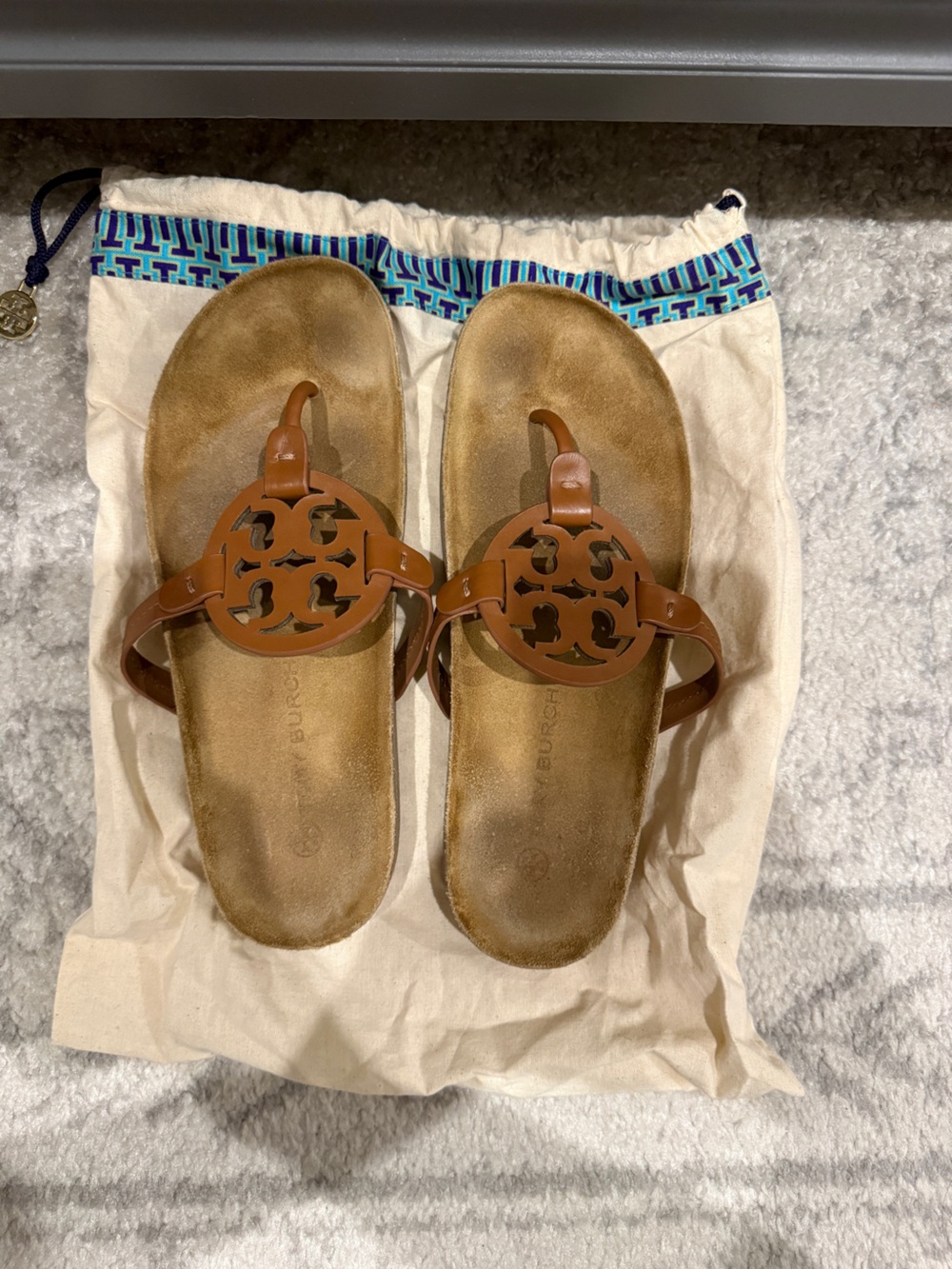 Tory Burch Tan Leather Logo Thong Sandals